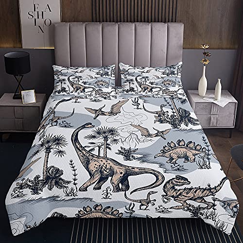 Erosebridal Kids Dinosaur Bedspread, Dino Palm Tree Coverlet Set King Size for Boys Teens Youth Bedroom Decor, 3 Pieces Ancient Animal Quilted for Bedroom with 2 Pillow Cases Grey White