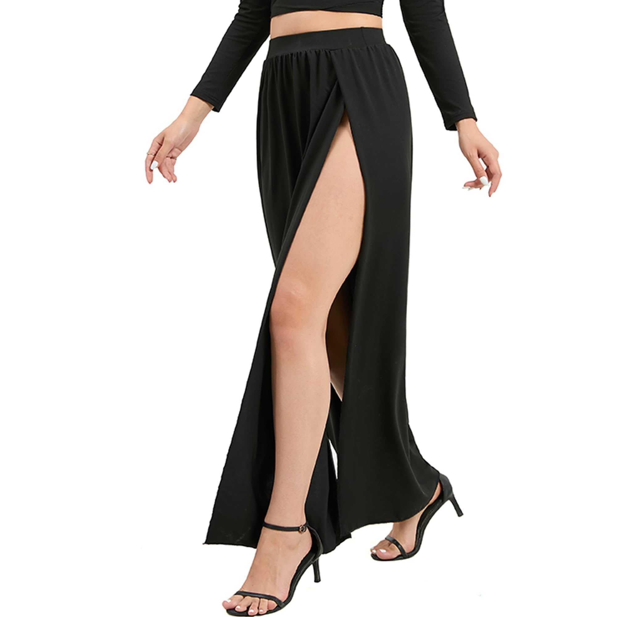 SILUI Women's High Waist Double Slit Sexy Plus Size Thigh Split Flowy Long Maxi Skirt: 3X-Large Plus Black