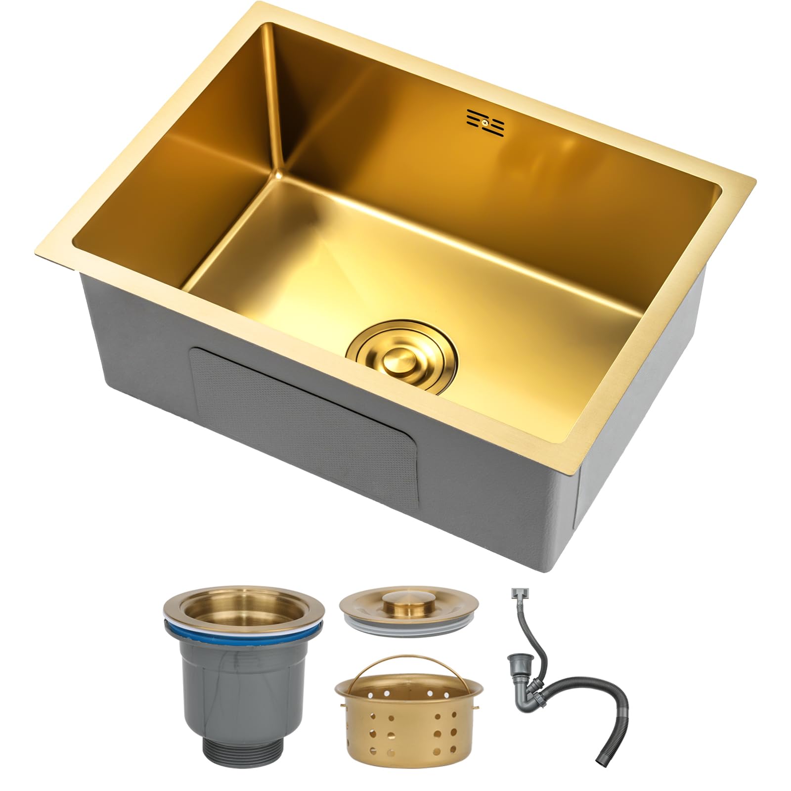 DSMRLEOP Gold Stainless Steel Kitchen Sink, 55x40cm Top Mounted Single Bowl Sink, Square Multiple Sizes Handmade Bar/Prep Sink, Nano Sink with Drain Kit, Easy-Clean(Gold#01,55x40cm)