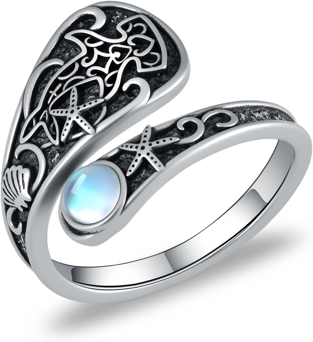 Moonstone Hammerhead Shark Spoon Ring 925 Sterling Silver Adjustable Thumb Ring Hammerhead Shark Jewelry Gifts for Women