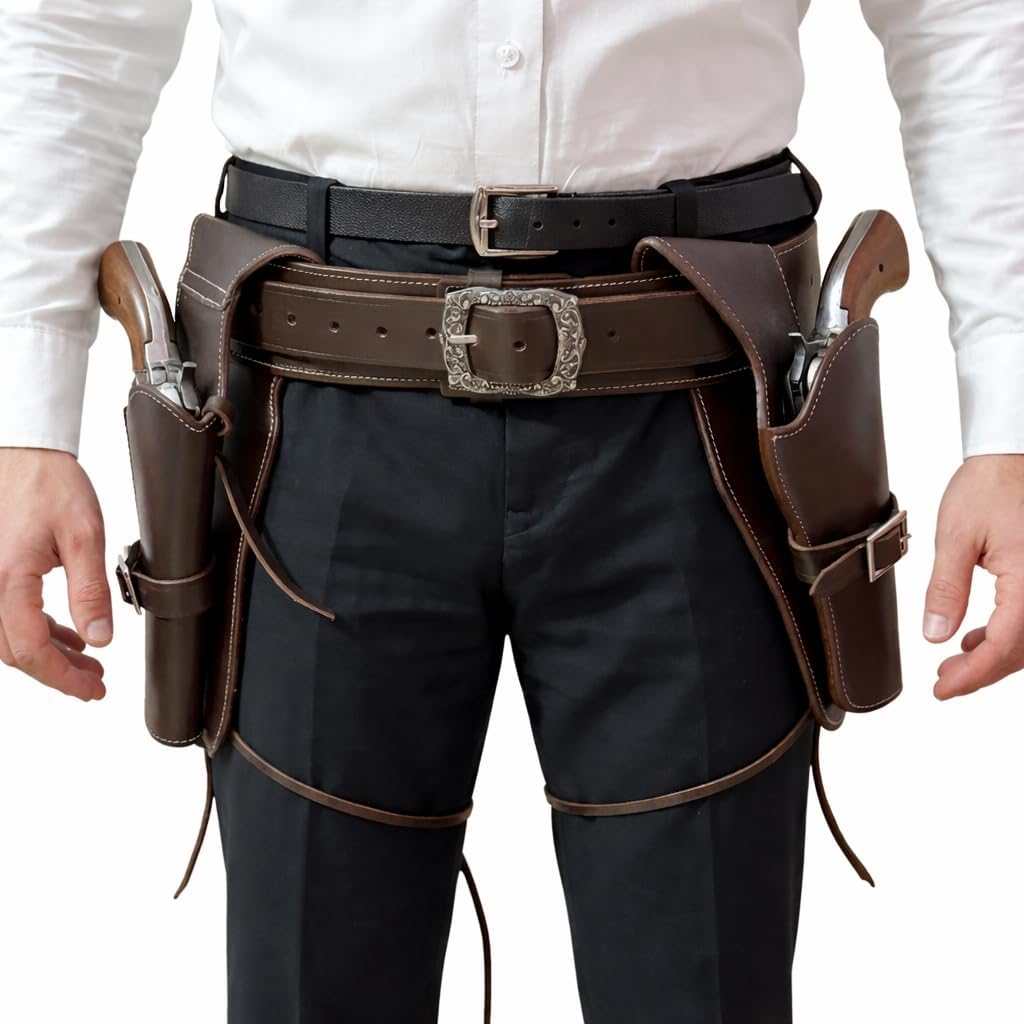 Premium Western Leather Double Gun Holster & Belt Set, Cowboy Revolver Holster Bag with Ammo Loops, Adjustable Buckle for Cosplay Costume Accessories -Brown