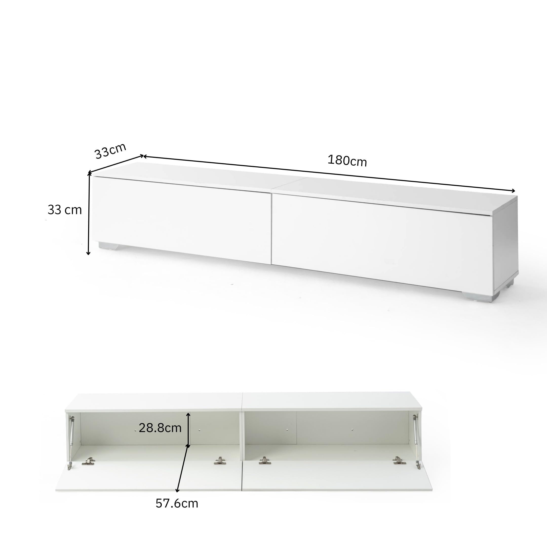 Meuble TV Blanc 180 cm avec éclairage LED, Meuble TV Suspendu ou sur Pied en Bois avec 2 Compartiments de Rangement Support Télévision Mural Moderne pour Salon Chambre
