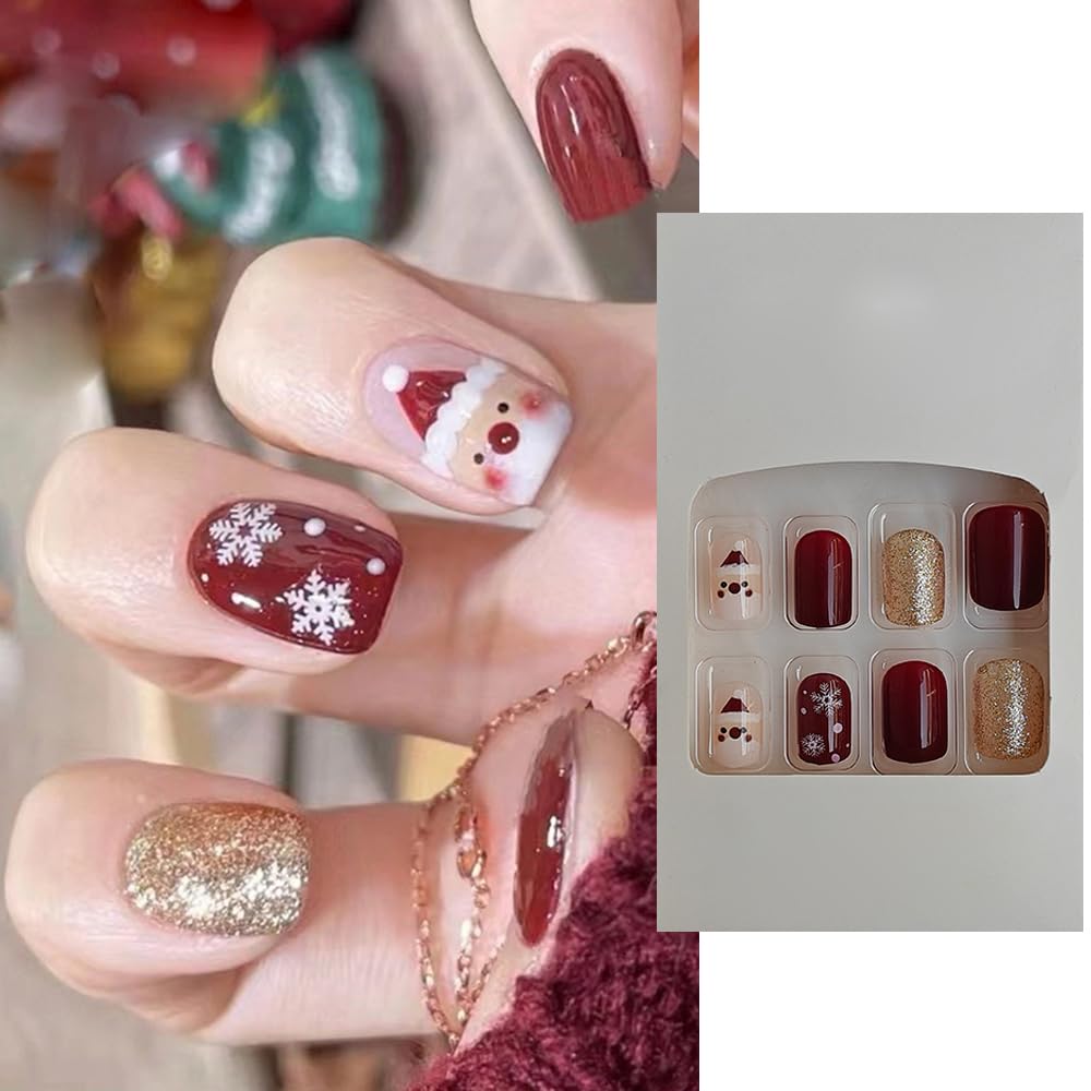 S.A.V.I 24 Pcs Christmas Special Fake Nails | Short Natural Shape | Wine Red, Gold Glitter & Santa Design | DIY Press-On Nails for New Year & Festive Look | Durable & Comfortable Nail Art-image-19
