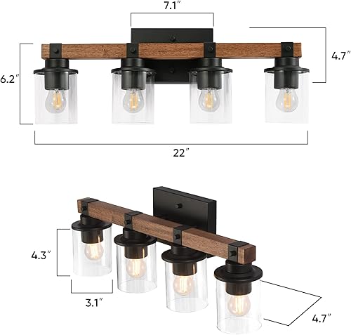 Miniatura 7 de GZBtech Lámpara de tocador de madera de 3 luces sobre el espejo, lámpara de pared rústica de granja con vidrio transparente y metal negro mate para