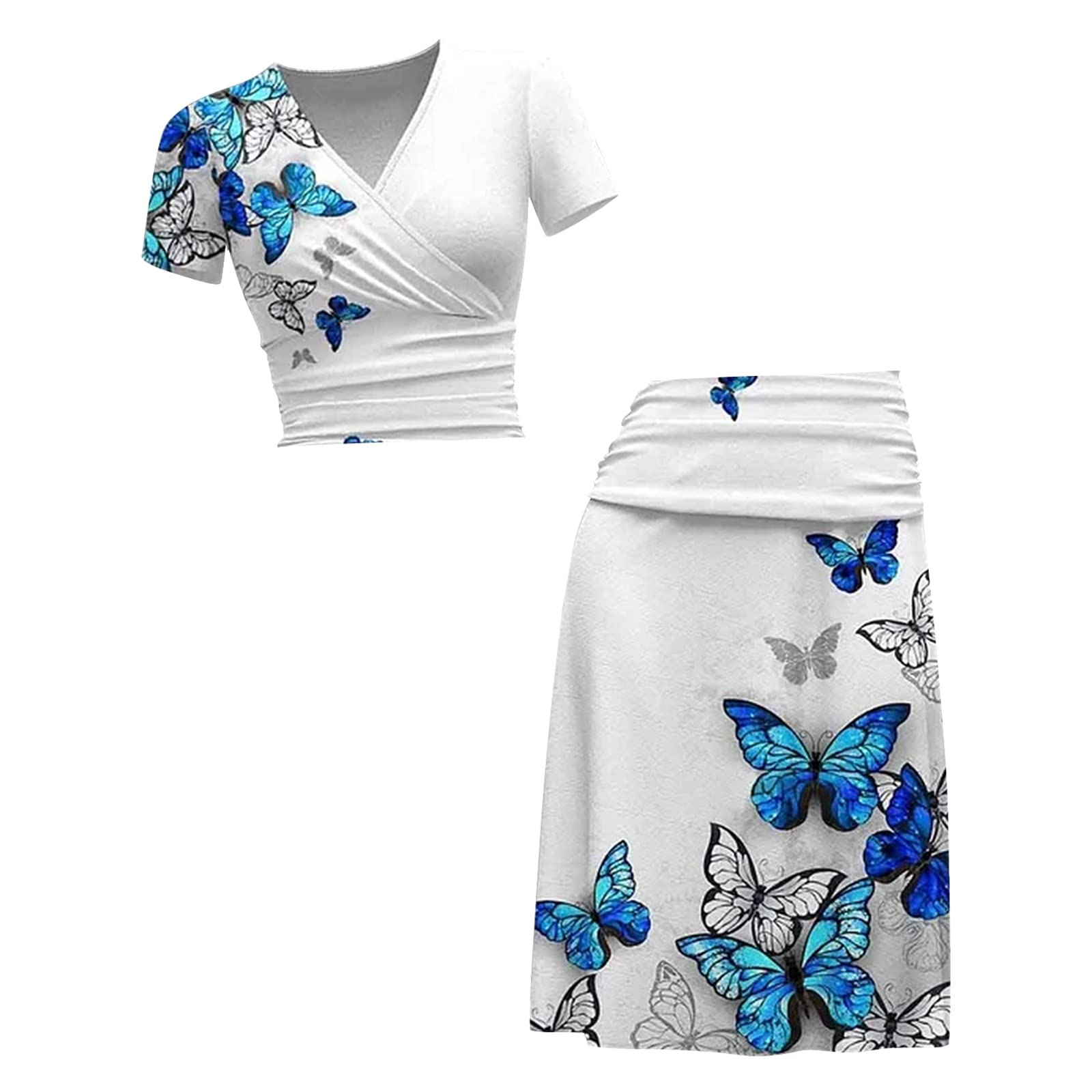 QWUVEDS Mujer de dos piezas de verano casual manga corta estampado top falda corta traje de dos piezas mujer elegante conjunto