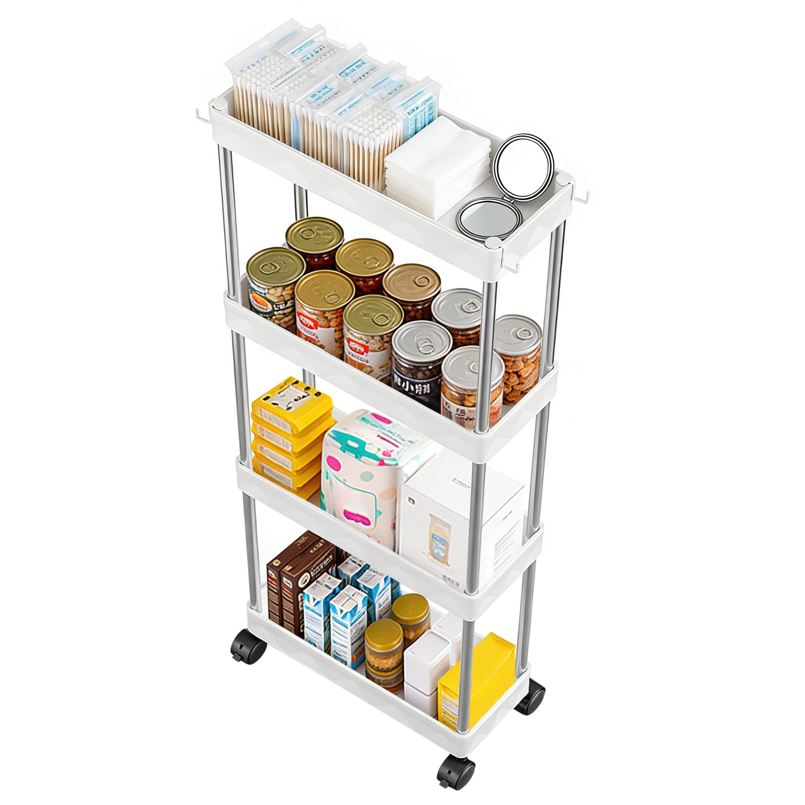 Woobroo 4 Tier Storage Trolley Cart on Wheels, Mobile slim bathroom storage unit for Narrow Spaces, Kitchen, Laundry Room & Office