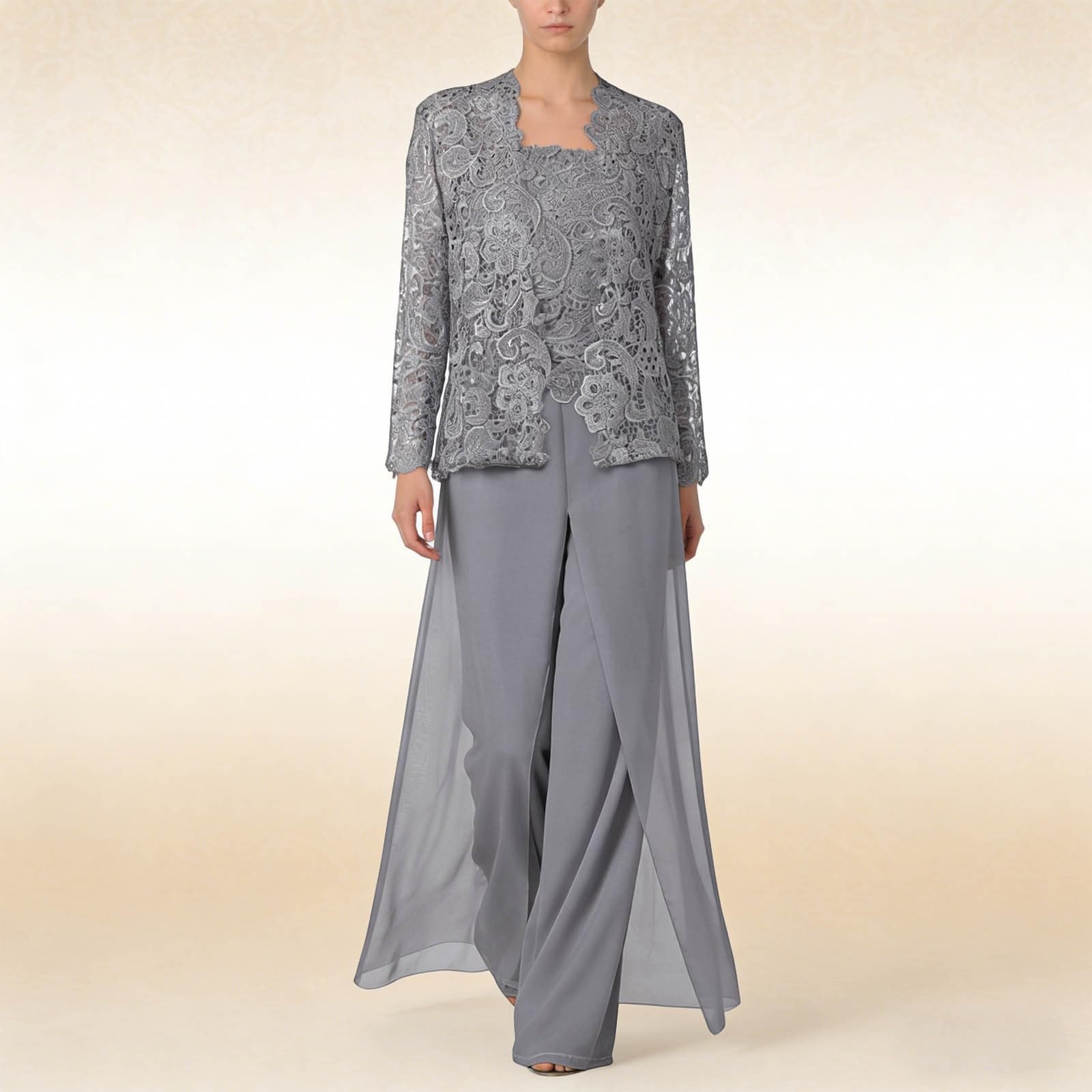 Generisch Combinaison 3 pièces pour femme - En mousseline de soie - Pour mère de la mariée - Combinaison élégante - Combinaison de fête avec veste en dentelle - Tenue de cocktail élégante