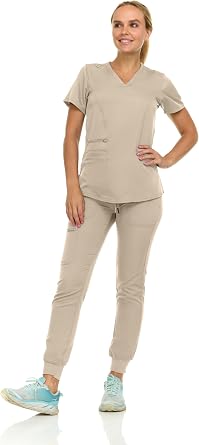 MediChic Scrubs for Womens V-Neck Scrub Set with Six Pocket Ribbed Cargo Jogger Pants with 4-Way Stretch