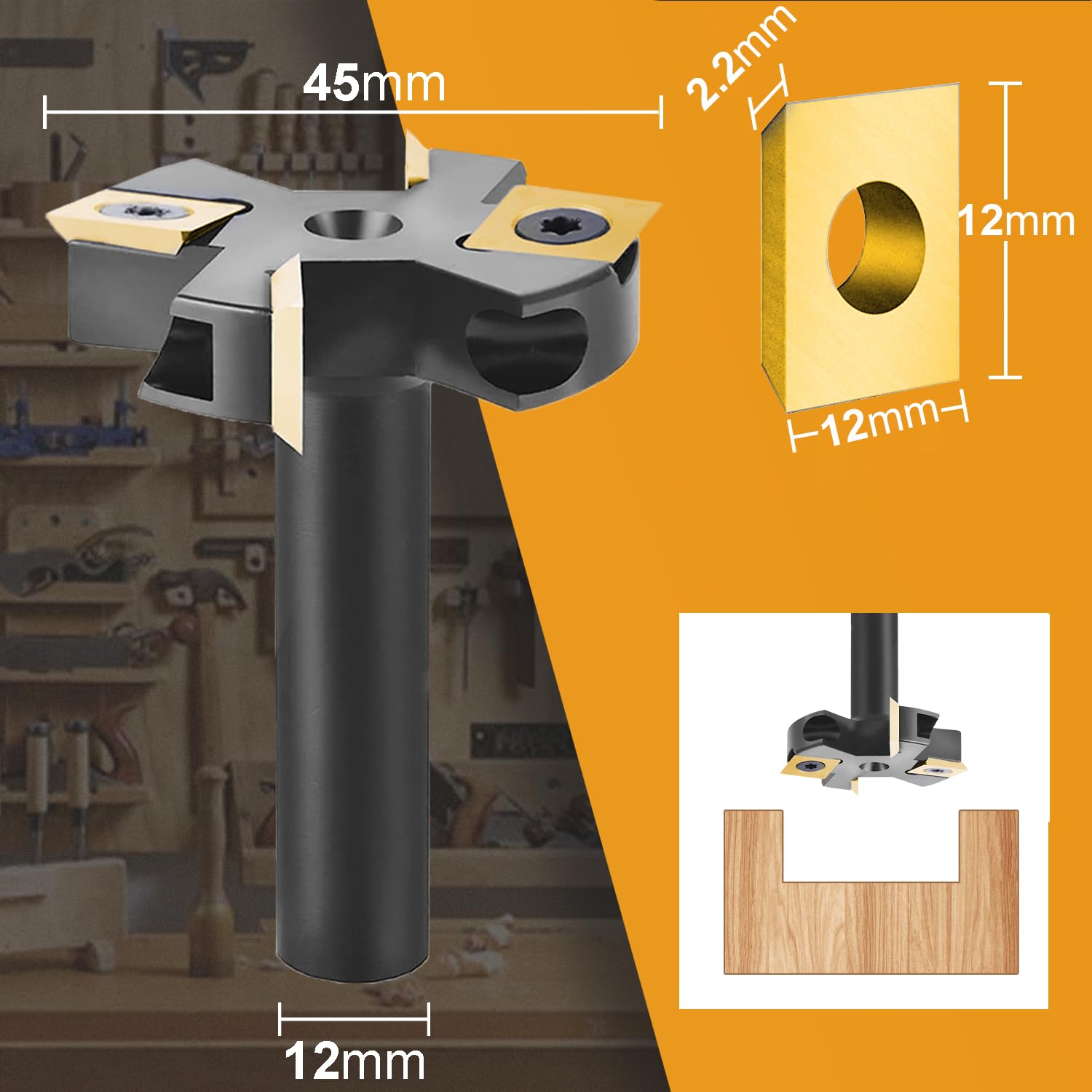 SpeTool Fraise à Surfacer 12 mm Diamètre de Tige 45 mm Diamètre de Coupe avec 2+2 Inserts avec revêtement ATS Coupeur de Bois Fraise de Defonceuse a Bois Fraise CNC Fraise de Rabotage Défonceuse
