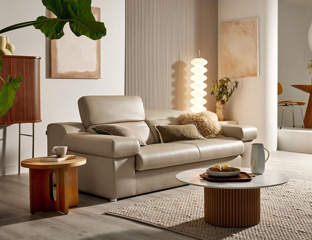 Fabrique Zoonic Leatherette 3 Seater Modern Design Sofa Set With Puffy | Premium Luxury Comfortable Soft & Smooth | For Living Room, Bedroom, Office, Home | Easy to Move With Moveable Headrest | Beige 1