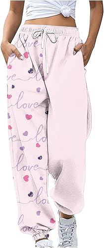 Aboser Pantalón deportivo de San Valentín para mujer, con estampado de corazón, cintura elástica, pantalones casuales sueltos con bolsillos