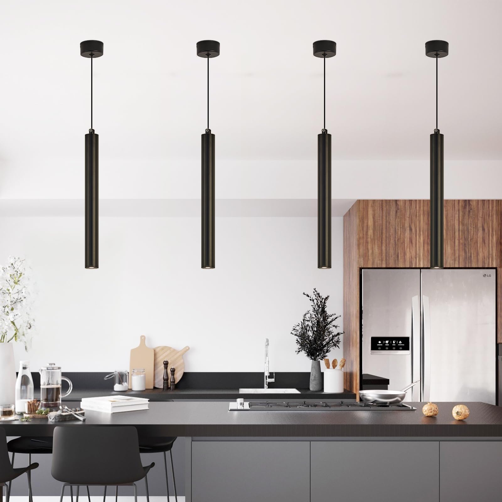Lampada a Sospensione Comodino Camera da Letto, 2 Pezzi lampadario led a cilindro Nero, Regolabile In Altezza lampada a sospensione moderna per cucina soggiorno tavolo da letto 30cm (2)