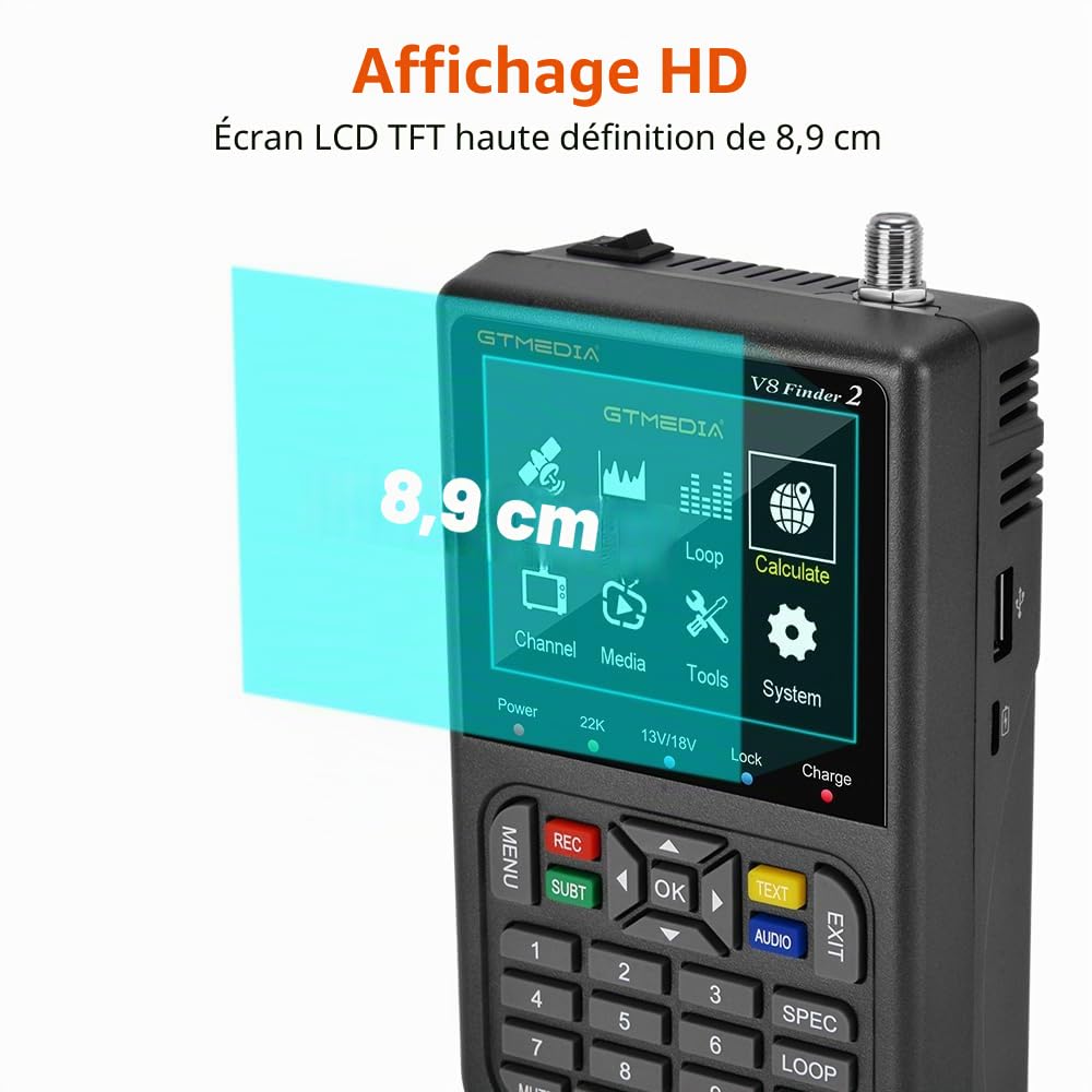 GT Media V8 FINDER2 - Localisateur de Satellites numérique et Compteur de Signal DVB-S/S2 H.264 HD 1080P avec écran LCD 7,4 V/4000 mAh 3,5" Idéal pour Configuration d'antenne parabolique