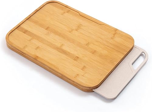Miniatura 8 de KitchenEdge Tabla de cortar de bambú con tabla de cortar de fibra de arroz anidada para preparación de cocción, juego de cocina de 2 piezas, pies de