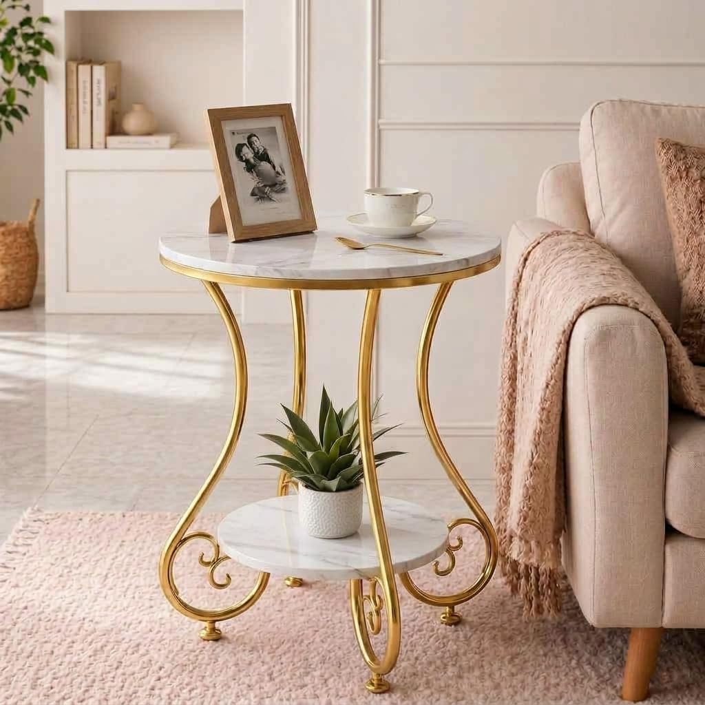 CARTADEN 2 Tier End Table in Living Room, Industrial Style Round Bedside Table with Storage, Small Outdoor Coffee Table for Bedroom Balcony Patio-image-33