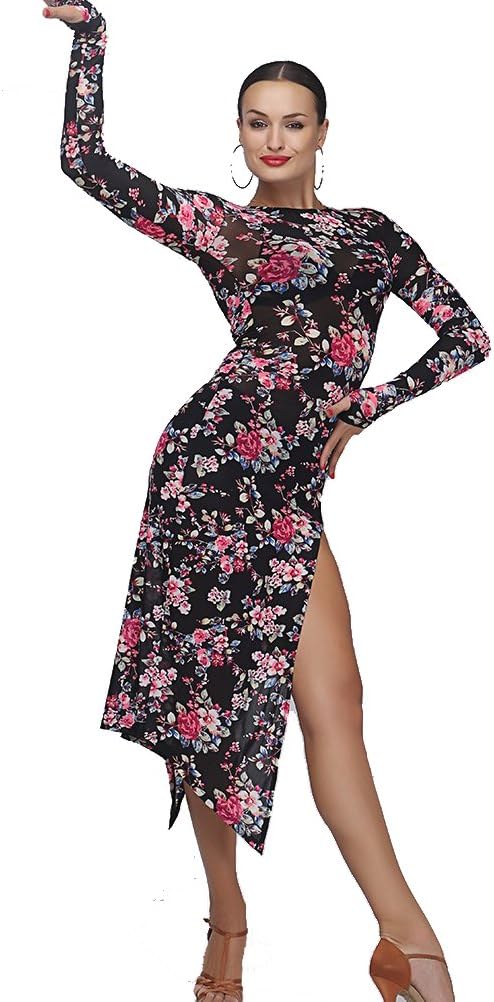 Latin Dance Tango Salsa Dress for Women, Flower Print Flamenco Samba Dance Costumes for Competition