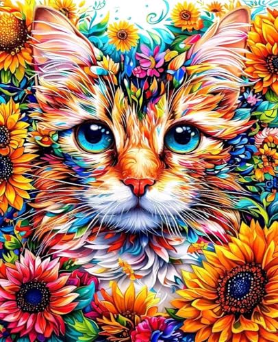 数字油絵 猫 数字キットによる絵画 花 Paint by Numbers DIYペイント 大人の 初心者 子供用 簡単に塗れる アクリル水彩絵の具 手芸 画材 手工芸 キット 3つのペイントブラシと1つのセットのアクリル顔料を使用 ホーム オフィス装飾 G