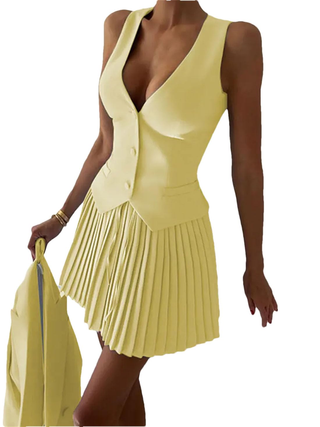 Women V-Neck Single Breasted Vest and Pleated Mini Skirt Sexy Elastic Waist Two Piece Sets