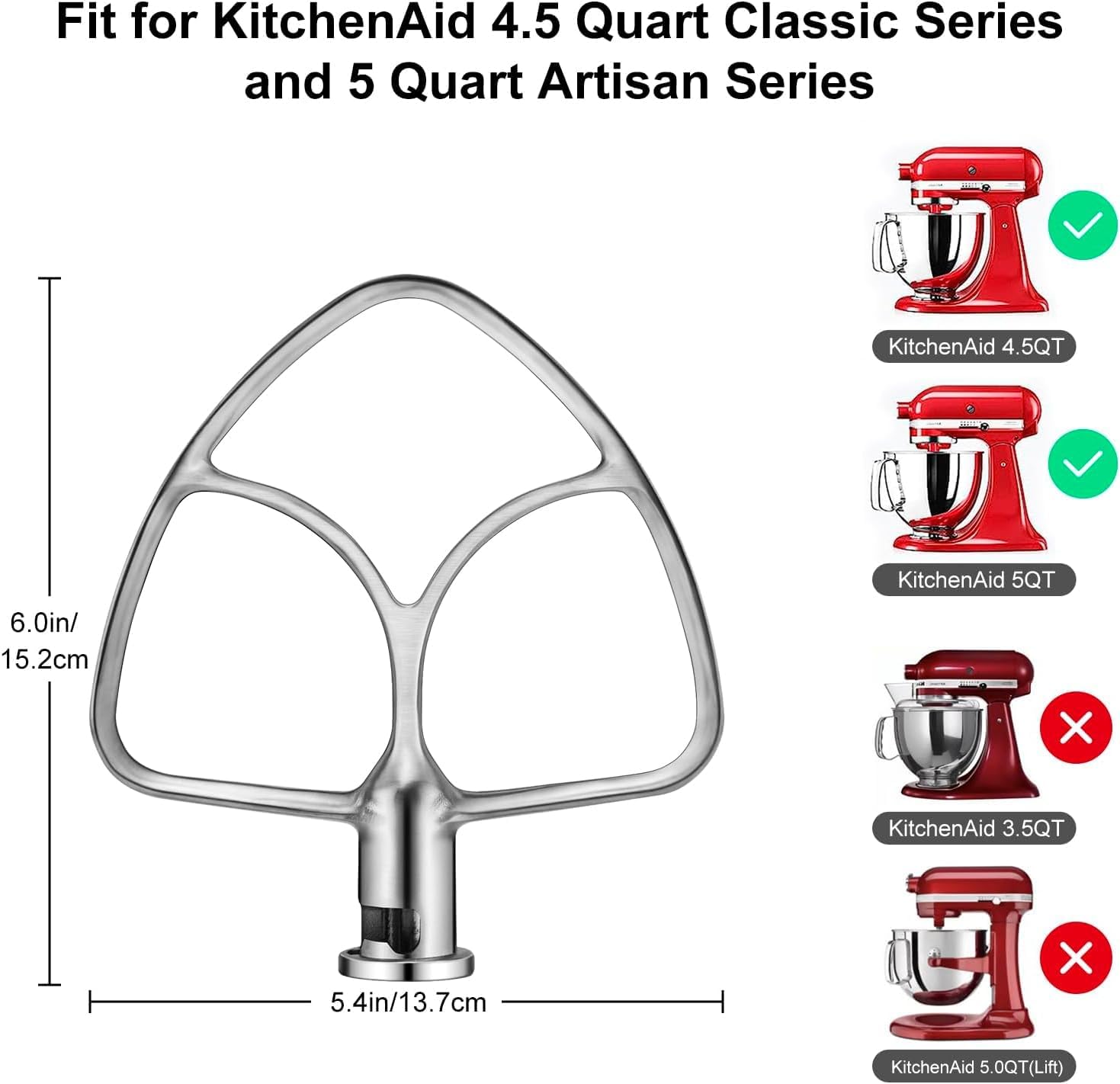 Stainless Steel Flat Beater for KitchenAid 4.5-5 Quart Tilt-Head Stand Mixers, airkitrep Paddle Attachments for KitchenAid Mixer, Polished Beaters Sturdy Mixing Accessory, Dishwasher Safe