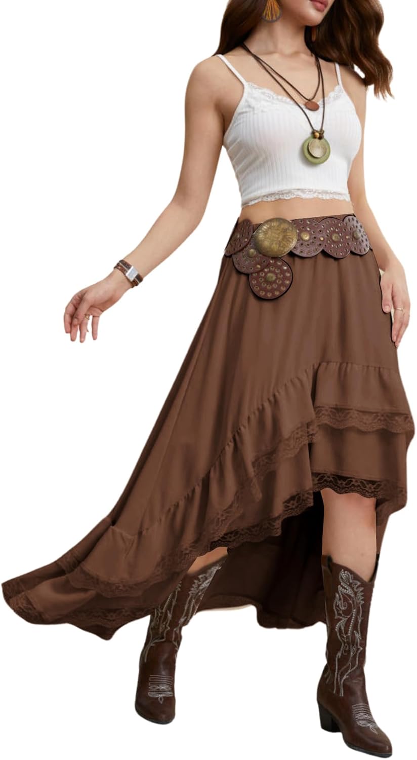 Verdusa Women's Western Cowgirl Lace Skirt Boho Asymmetrical Skirts Country Concert Outfits