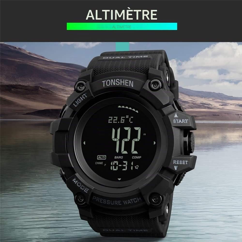 TONSHEN Multifonctionnelnel Outdoor Sport Montre de Homme Plastique Caisse et Caoutchouc Ruban LED Électronique Digitale Boussole Altimètre Thermomètre Pédomètre Montres Bracelet