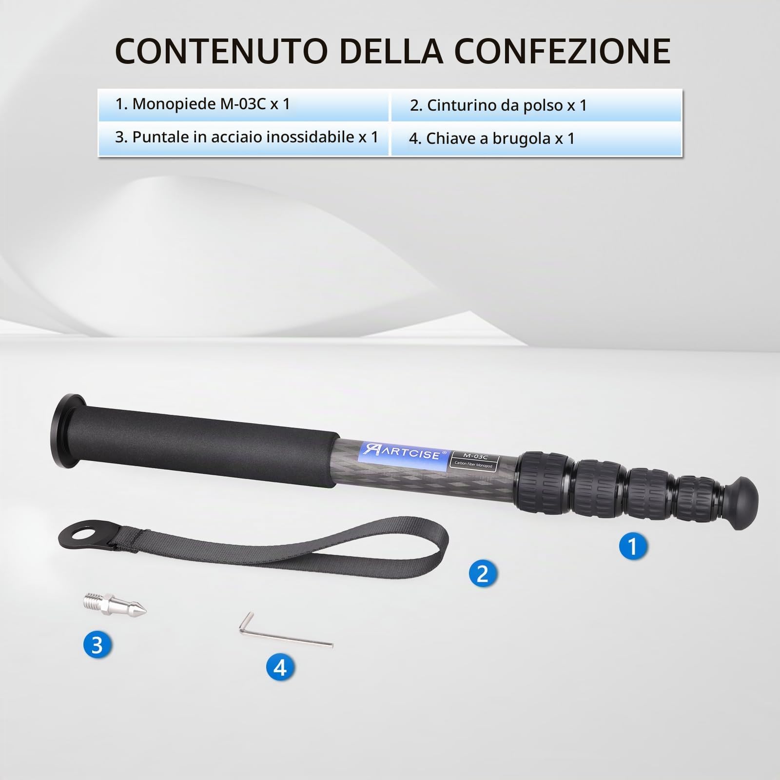ARTCISE Treppiede da 65"/165 cm, M03C-ST-EU, leggero e portatile, monopiede in fibra di carbonio per DSLR, fotocamera reflex digitale, colore: nero