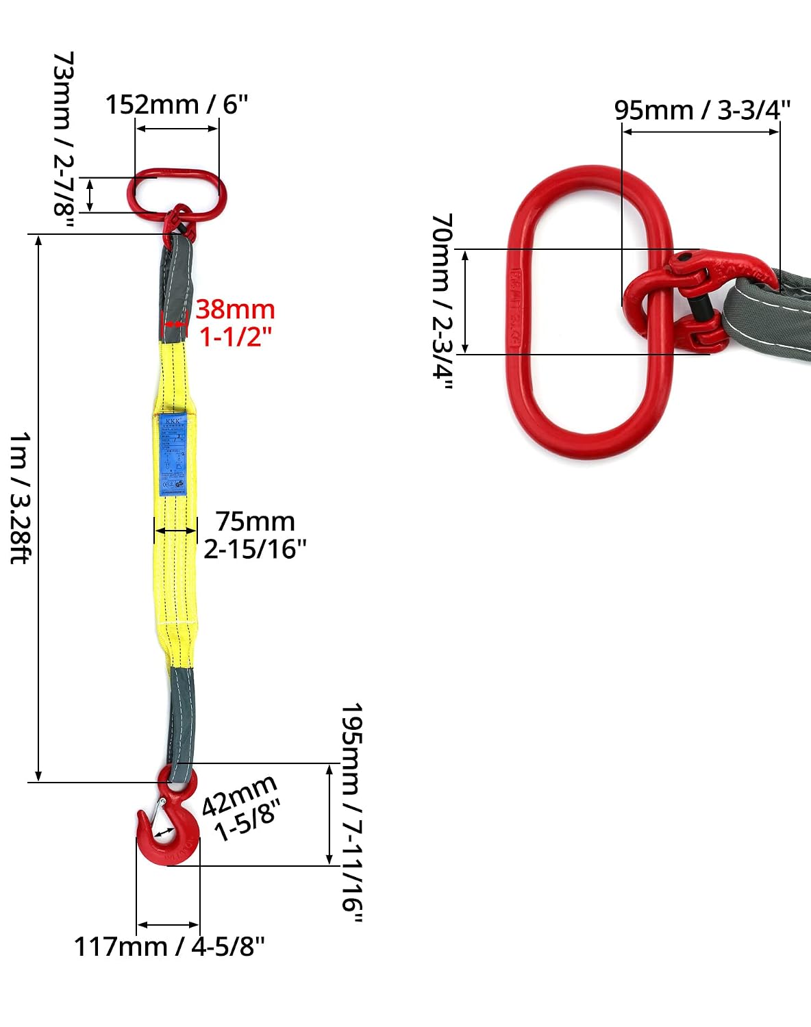QWORK Lifting Slings Web Sling, 3.3 Ft Heavy Duty Single Leg Wire Rope, 6600lbs Polyester Lifting Sling with G80 Steel Hook, 1 Pack