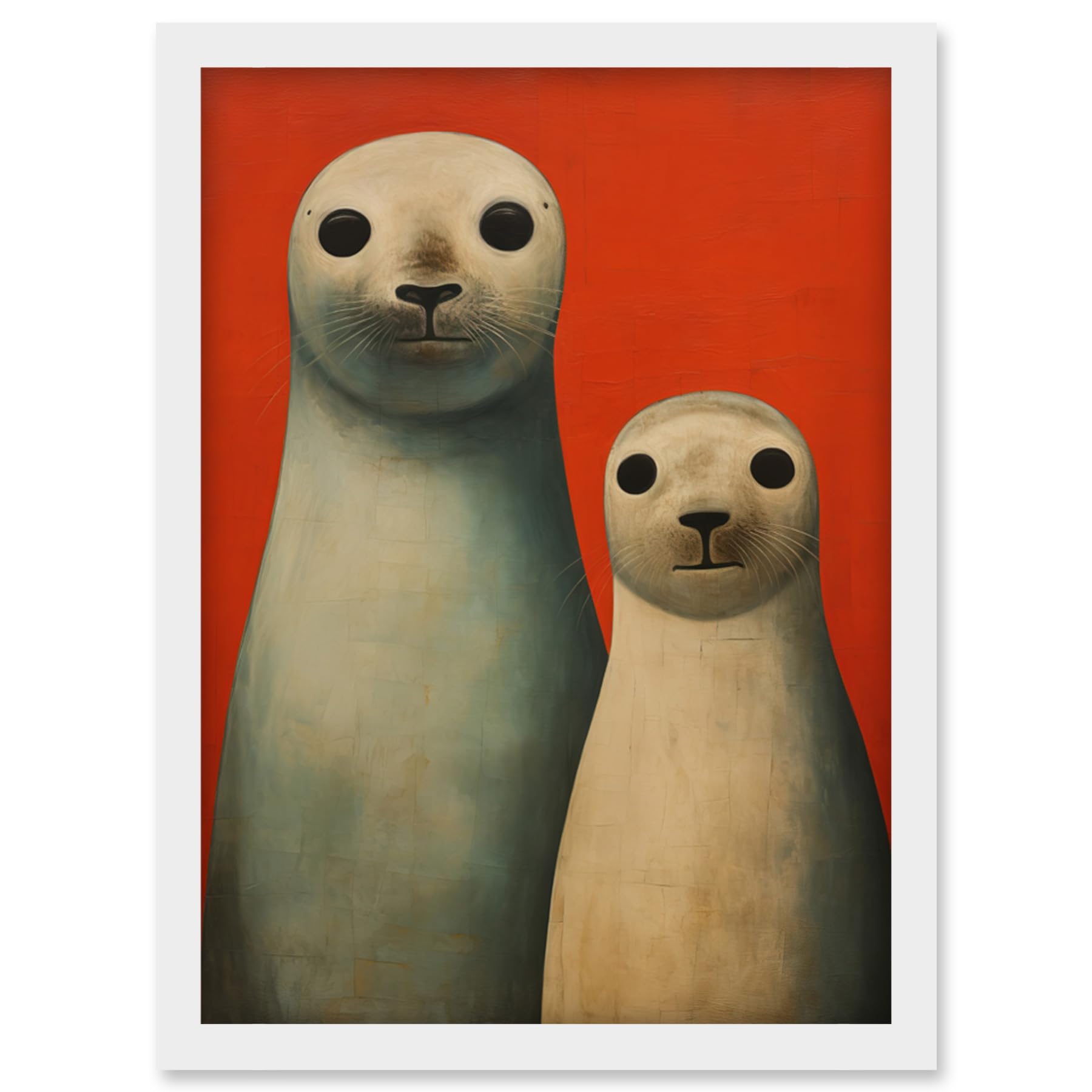 Artery8 Seal Pups Portrait White Cream On Red Crimson Coral Detailed Oil Painting Artwork Framed Wall Art Print A4
