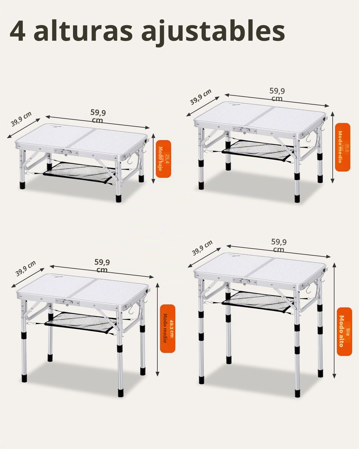 Sportneer Mesa Plegable Camping 60x40 cm, Mesa de Camping Plegable con Capa de Malla, 4 Alturas Ajustables, Mesa Camping Plegable Portátil con Patas de Aluminio para Picnic, Playa y Aire Libre