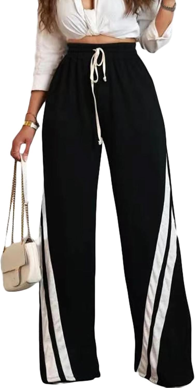 Wonen's Wide Leg Sweatpants Women Striped Drawstring Hight Waisted Baggy Jogger Track Trousers