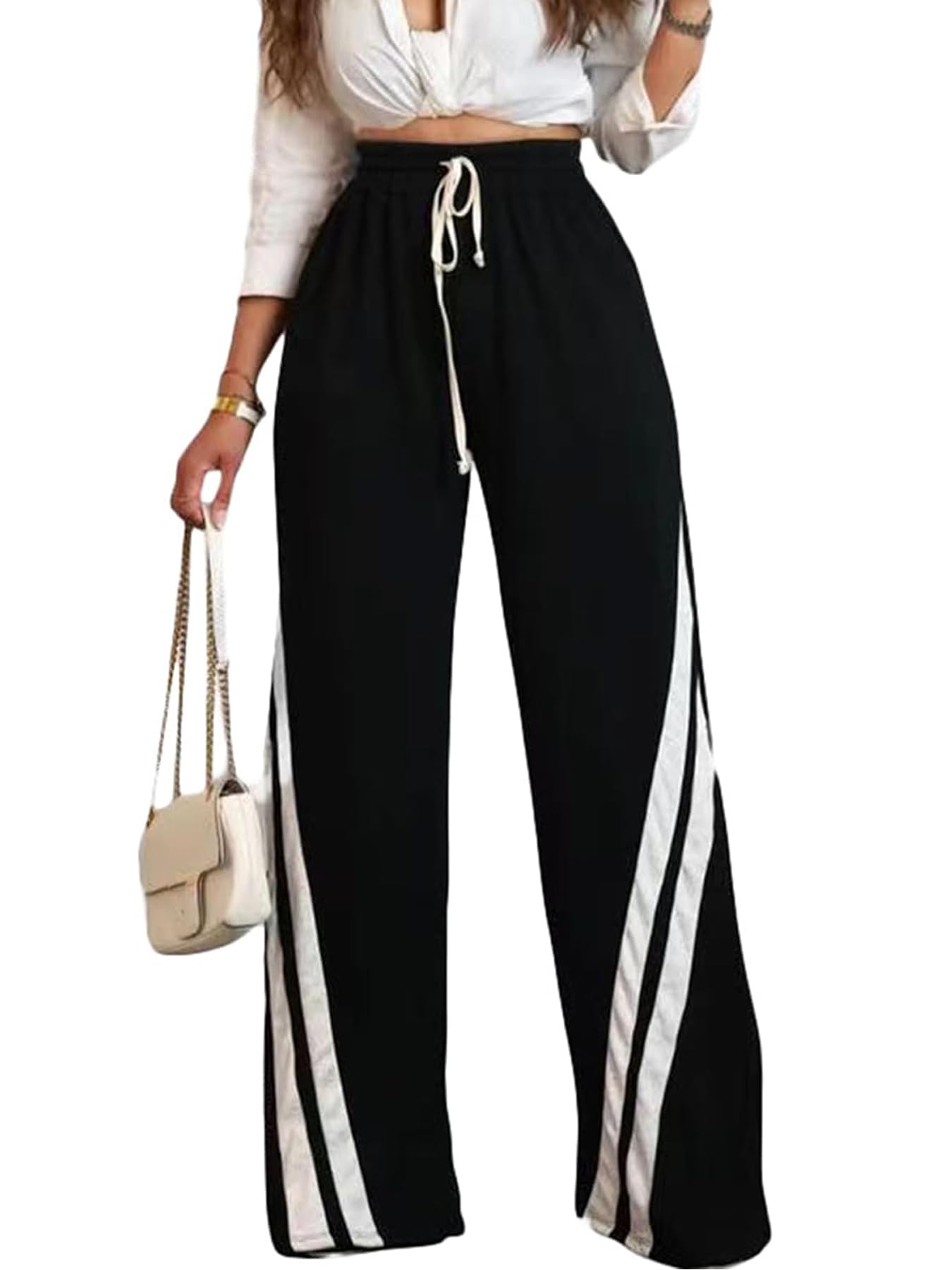 Wonens Wide Leg Sweatpants Women Striped Drawstring Hight Waisted Baggy Jogger Track Trousers
