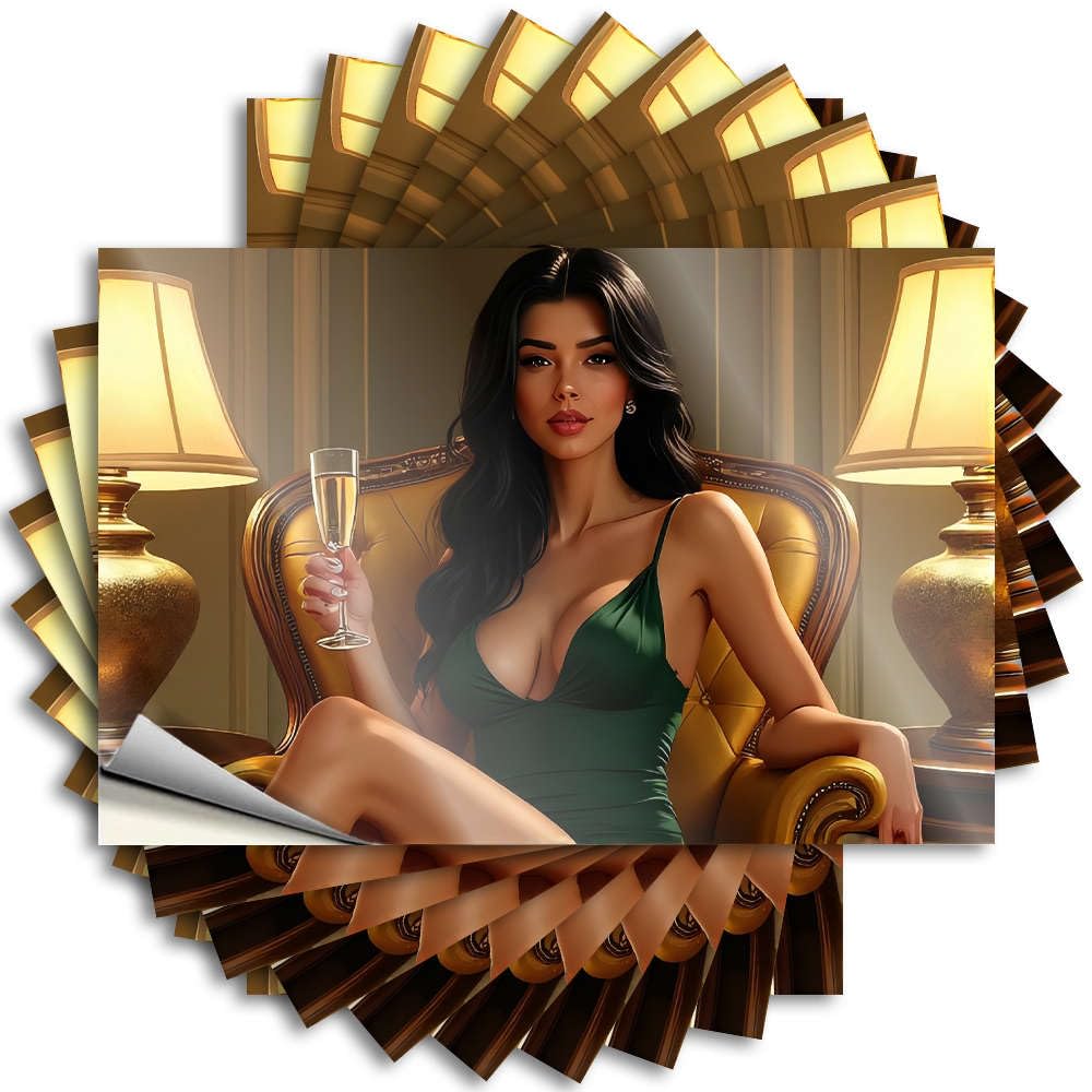 Funny Sticker Girly Vinyl Decals, Music Decor Waterproof Wall Stickers for Water Bottle | A Woman in A Green Dress Sits On an Ornate Chair, Holding A Glass of Champagne. Perfect(12X18CM)