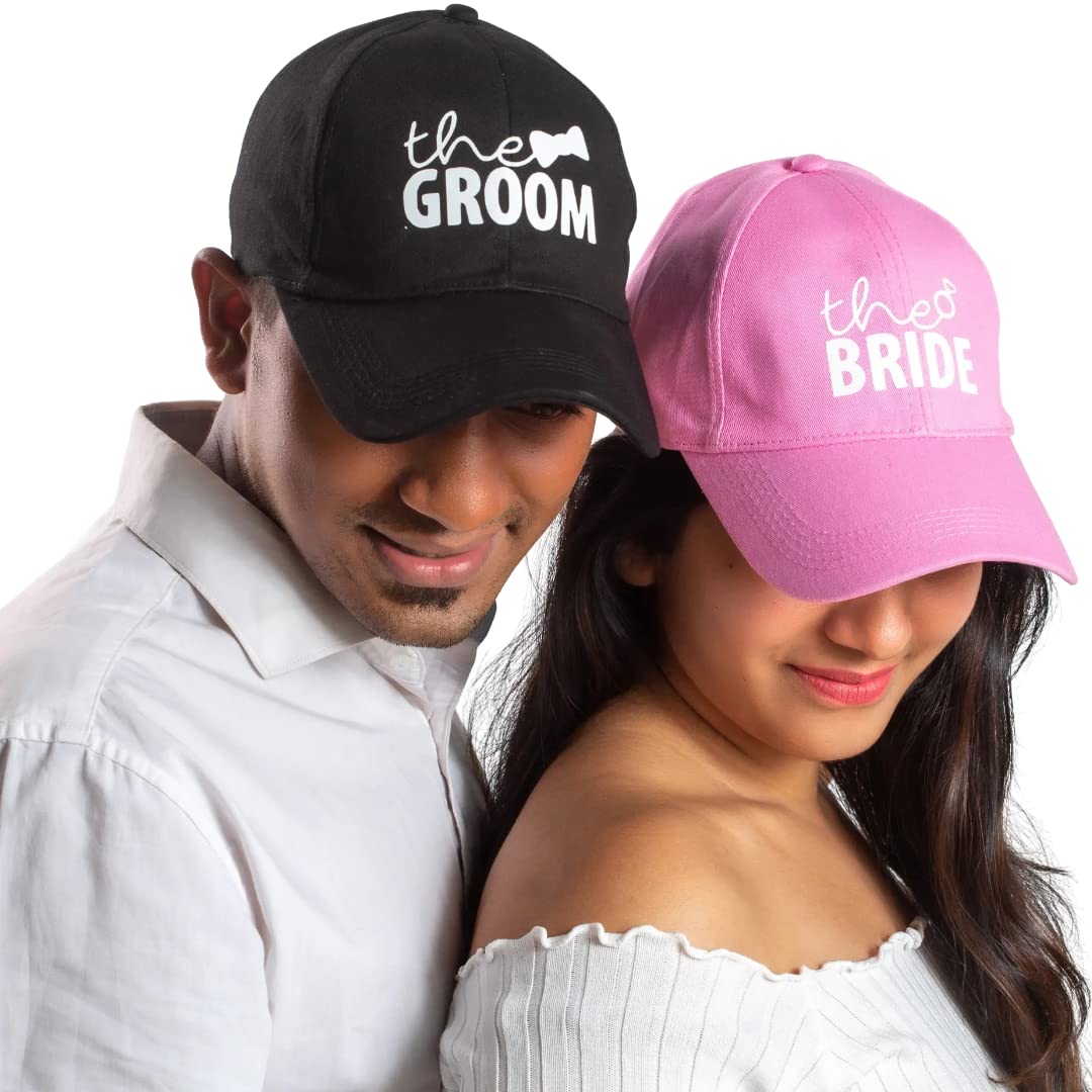 Bride and Groom Cotton Cap Wedding Marriage Gift for Bride Groom & Couples Pre-Wedding Photoshoot Props, Bachelor Bachelorette and Spinster’s Party Team Bride Groom– Free Size