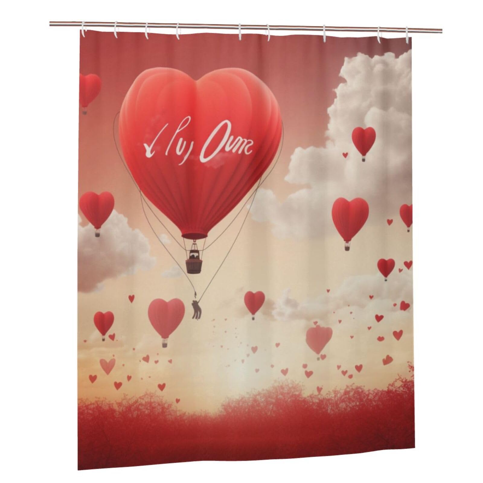 BWWHCCTI Romantic Heart Balloon Printed Shower Curtain With 12 Plastic Hooks Opaque Quick Drying Waterproof Shower Curtains Sets For Bathroom 152x183 Cm