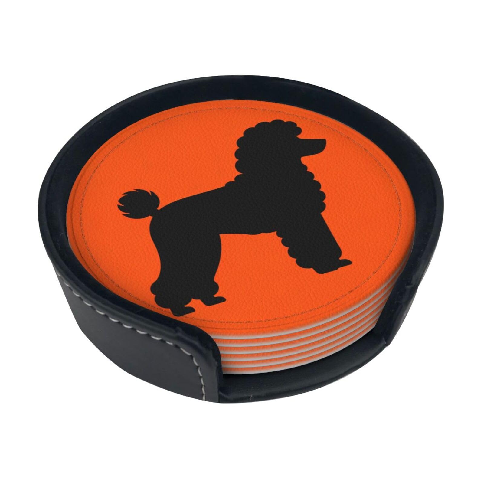 Cntdbu White Orange Pet Silhouette Leather Coasters Set Of 6-Pu Leather Drink Mats For Table, Heat Resistant Round Coasters With Holder