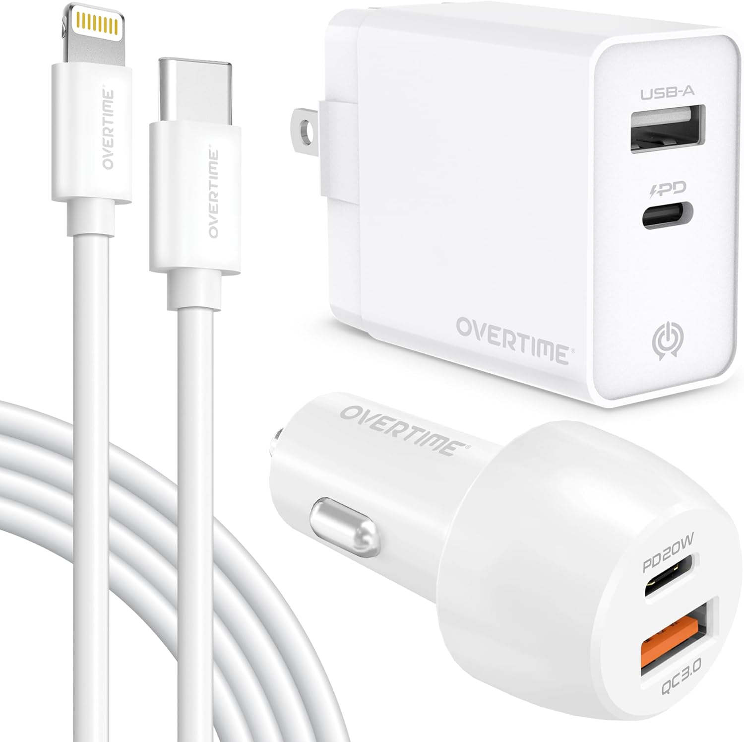 Overtime 3PC Charging Kit, Wall and Car Charger, Apple MFI Certified Lightning to USB-C 6ft Charging Cable for iPhone/iPad & iPod - White
