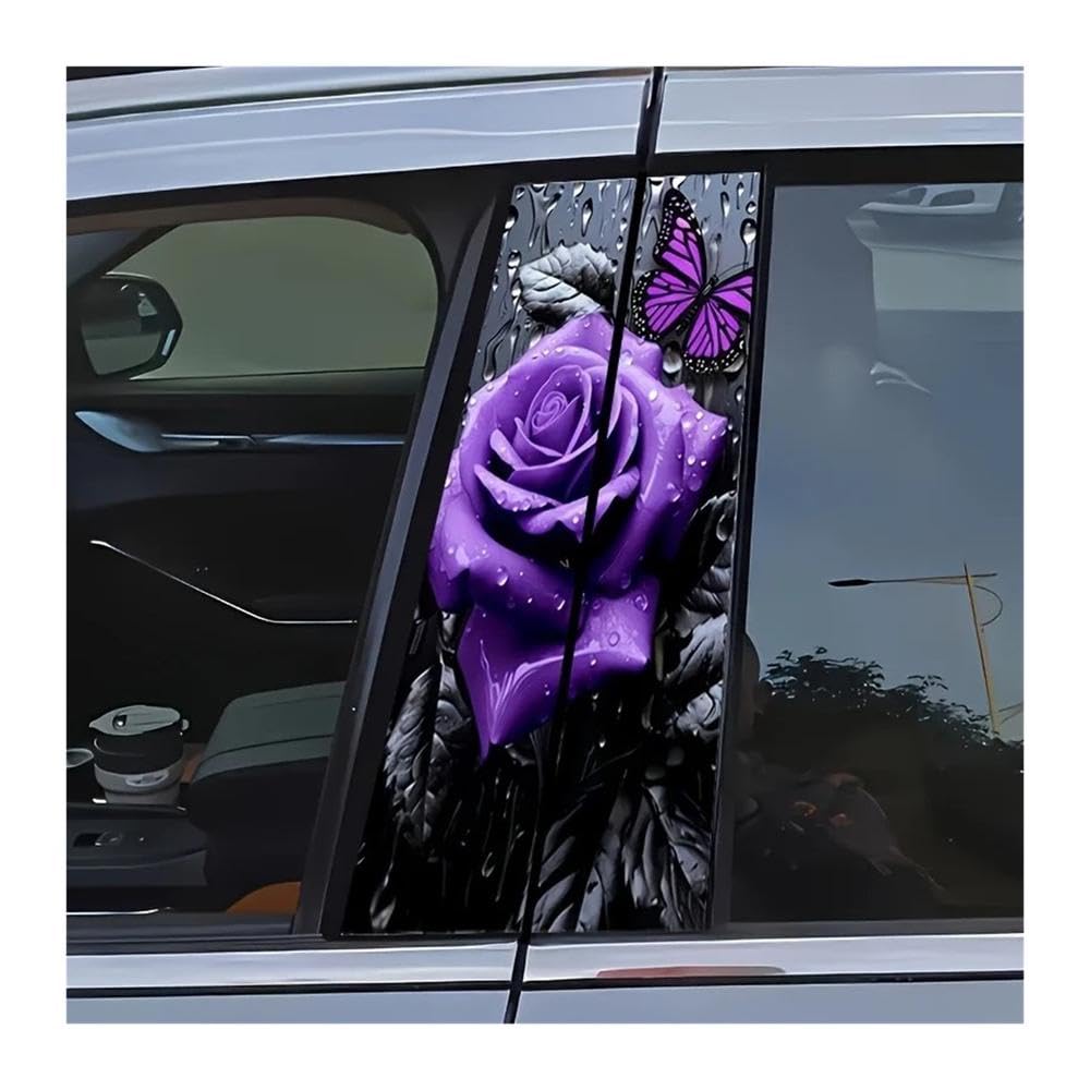 Bertdcx One Color Violet Rose And Butterfly Adhesive Pvc B Pillar Stickers Auto Parts