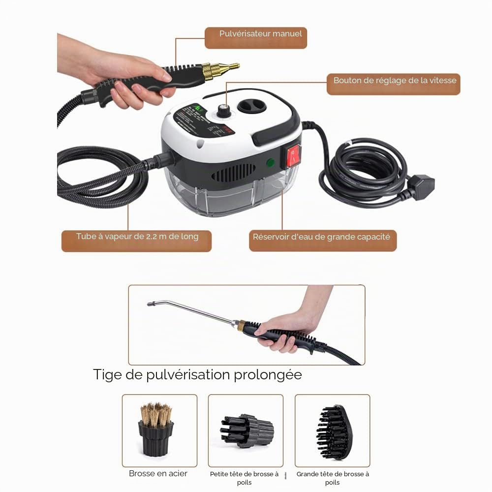 Andoer Nettoyeur vapeur, 2500W Nettoyeur vapeur portable à main - Machine de nettoyage à vapeur haute température et haute pression avec têtes de brosse pour meubles de cuisine, salle de bain, voiture