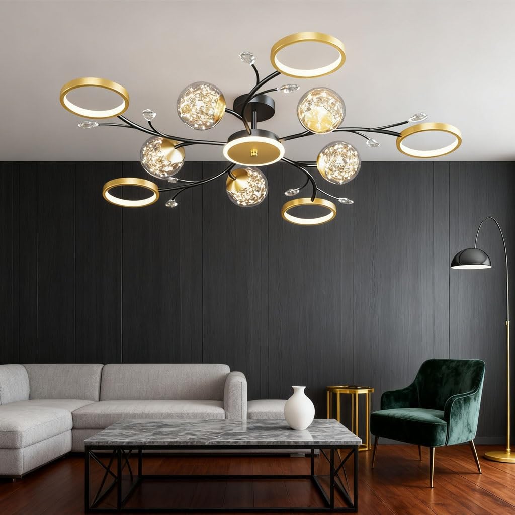 LED ceiling lamp ceiling light ceiling lighting creative metal electroplating glass pendant light modern lamp for living room bedroom black and gold hotel lobby offices(10+1 head)
