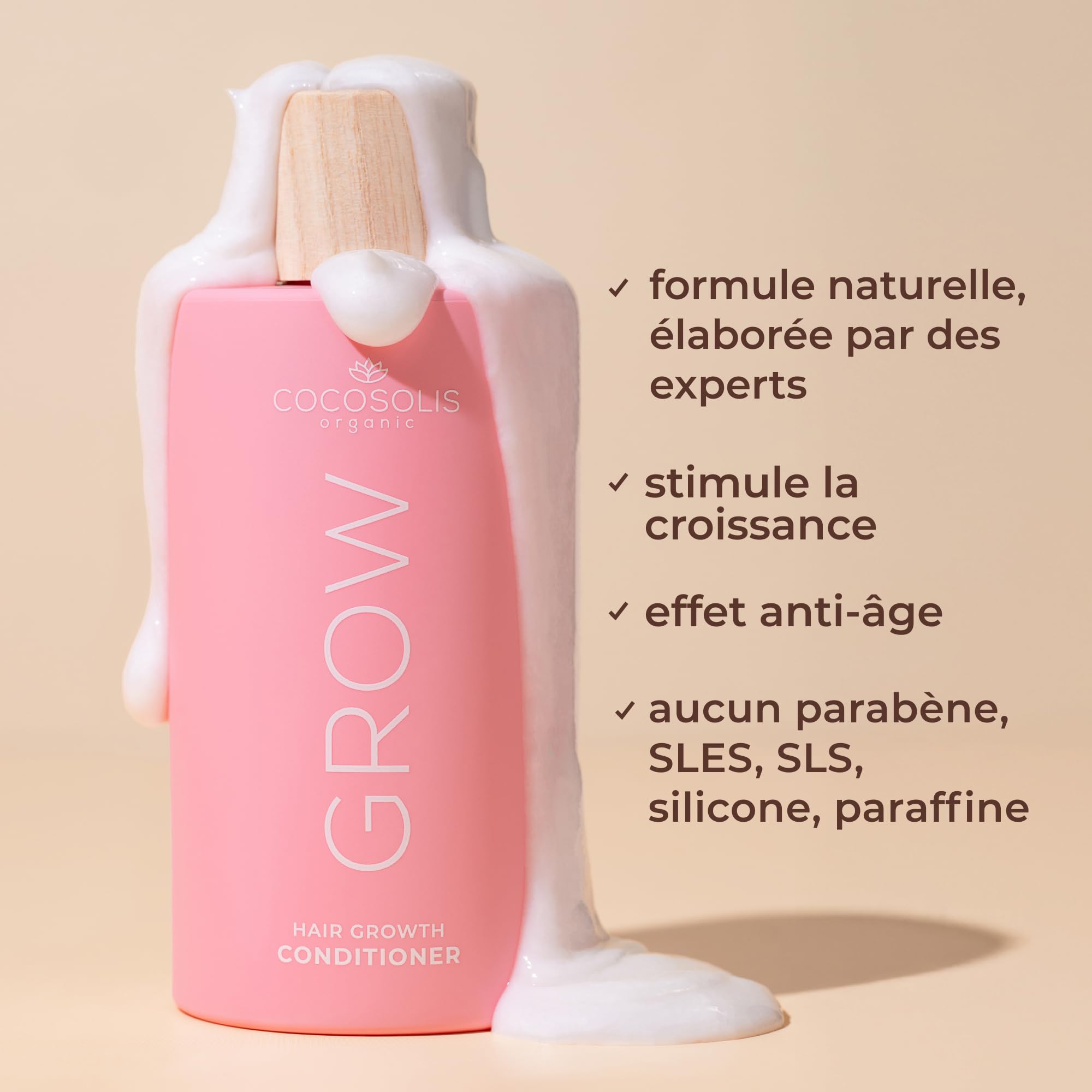 COCOSOLIS GROW Après-shampoing anti-âge et hydratant pour cheveux bouclés et secs, avec vitamine E et ingrédient actif