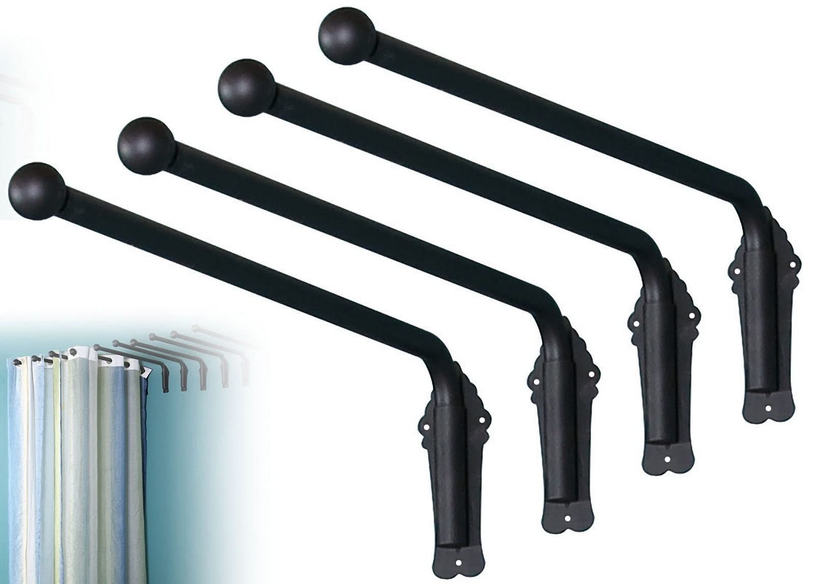 Swing Arm Window Curtain Rod, Heavy Duty Swing Arm Curtain Rod with Finials, Portiere Rod for Side Panels Window Curtain Display Stand Drapery Arm Door Curtain Rail Swing Arm ( Color : Black 4 pcs , S