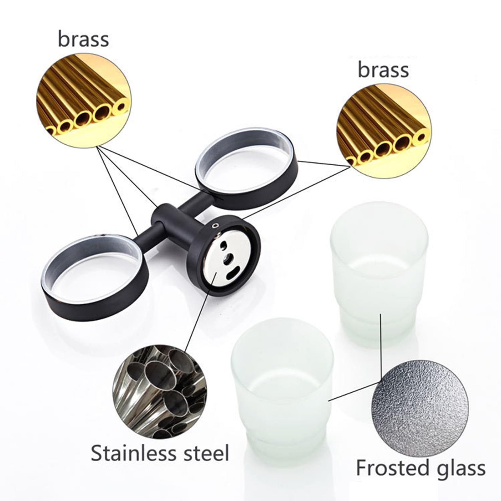 Portaspazzolino da parete nero opaco,con 2 bicchieri per spazzolini da denti in vetro smerigliato, set di portaspazzolino elettrico, accessori da bagno