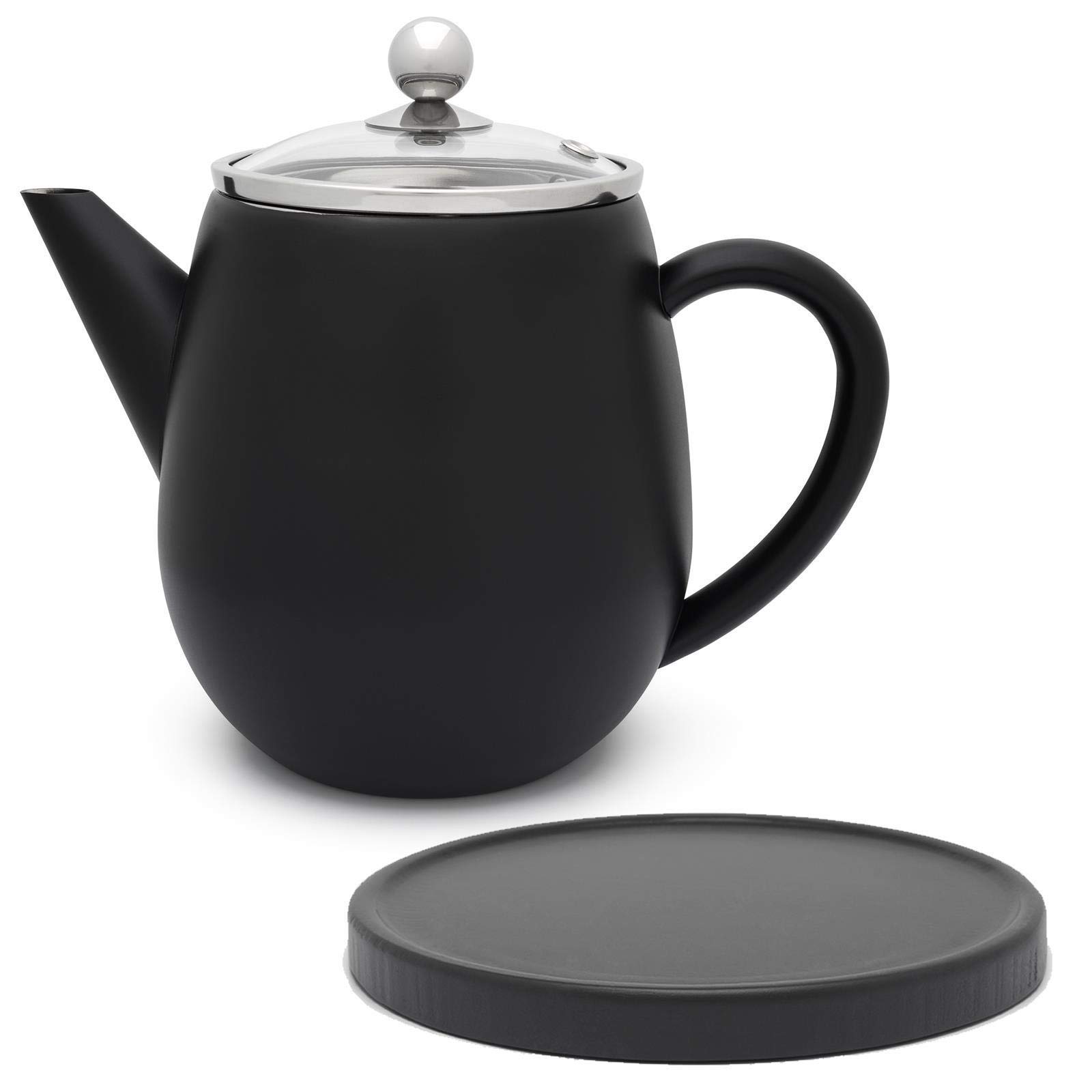 Bredemeijer kleine schwarze doppelwandige Edelstahl Teekanne 1.1 Liter & Teebereiter mit Tee-Filter Sieb-Einsatz & schwarzem Holz Untersetzer