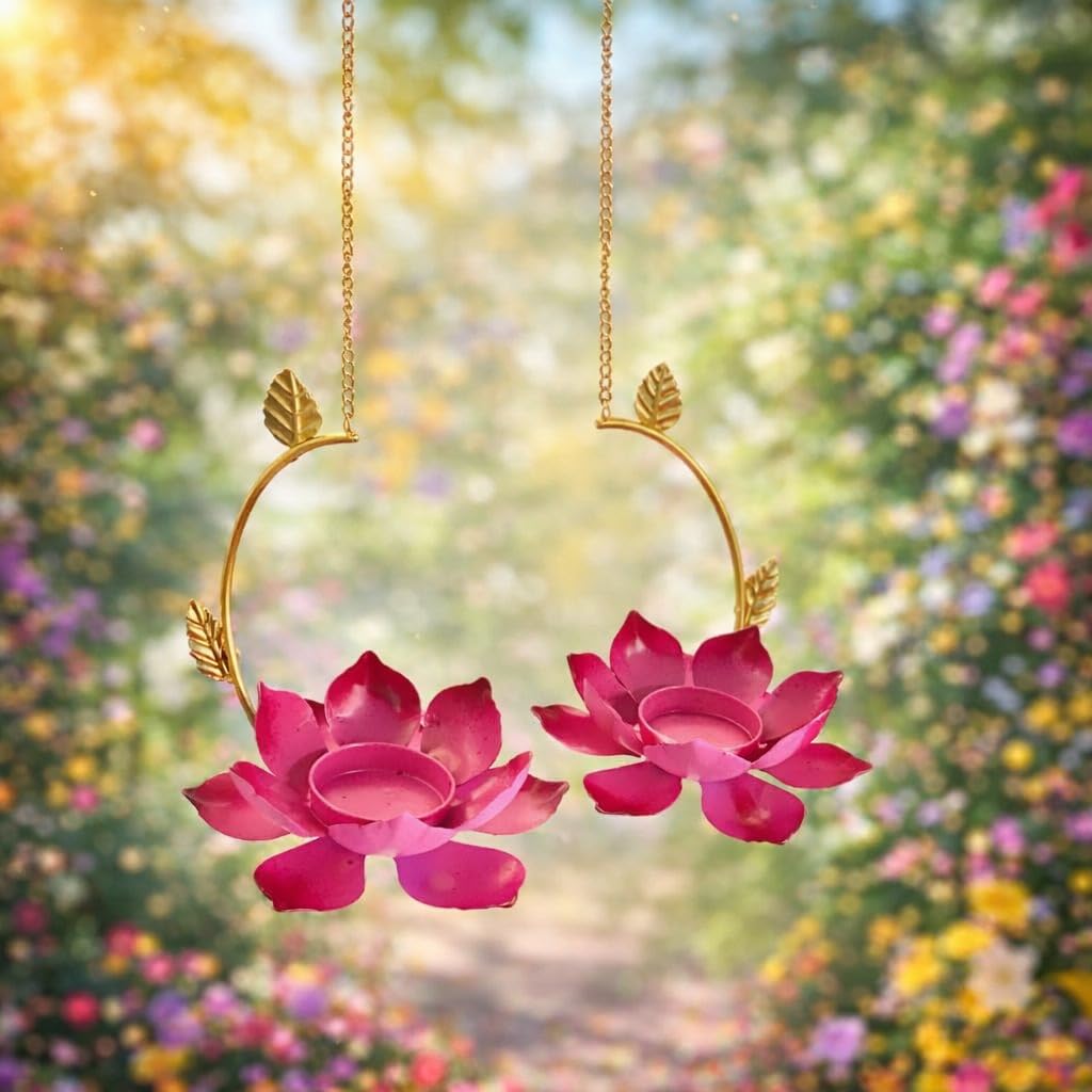 AGAAS Enterprises Set of 2 Hanging Lotus Tealight Candle Holders with Chain (24 in) | 5 inch Lotus | Metal Ring & Leaf Wall Hanging Diya | Diwali Pooja Mandir Decor | Gift-image-41