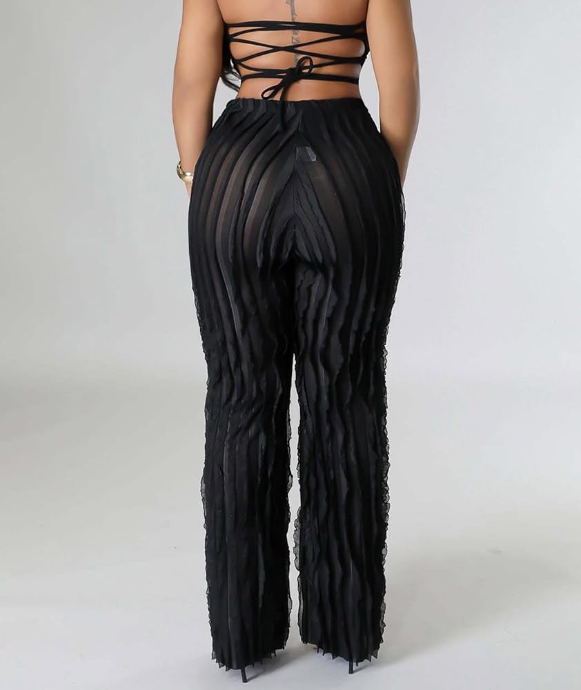 Sexyshine Women's Flowy Ruffle Pants Elastic High Waist Wide Sexyshine Women's Flowy Ruffle Pants Elastic High Waist Wide