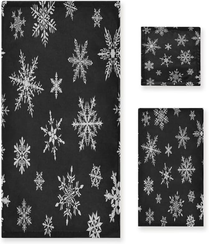 QUGRL Christmas Black Snowflakes Towels Set of 3 Winter Theme Super Soft Luxury Bath Towel Decorative Hand Towels Cotton Washcloths for Bathroom Kitchen Hotel Beach Gym Spa