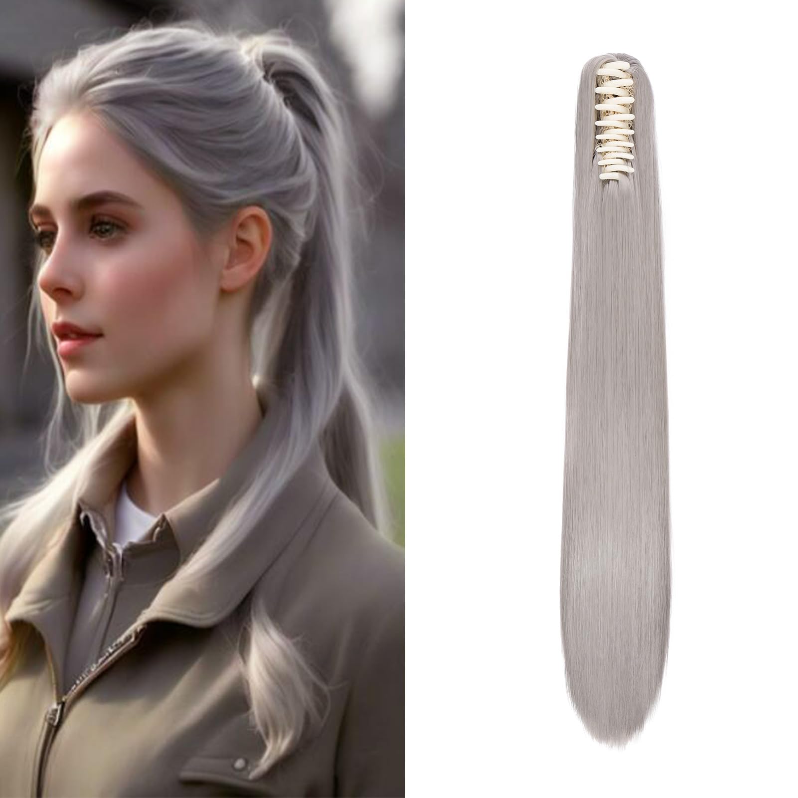 Dcbaboo 22inch Claw Clip in Ponytail Hair Extensions Long Straight Ponytail Extension Synthetic Pony tails Natural Wave One Piece Hairpiece Fake Ponytail for Women Dark Grey