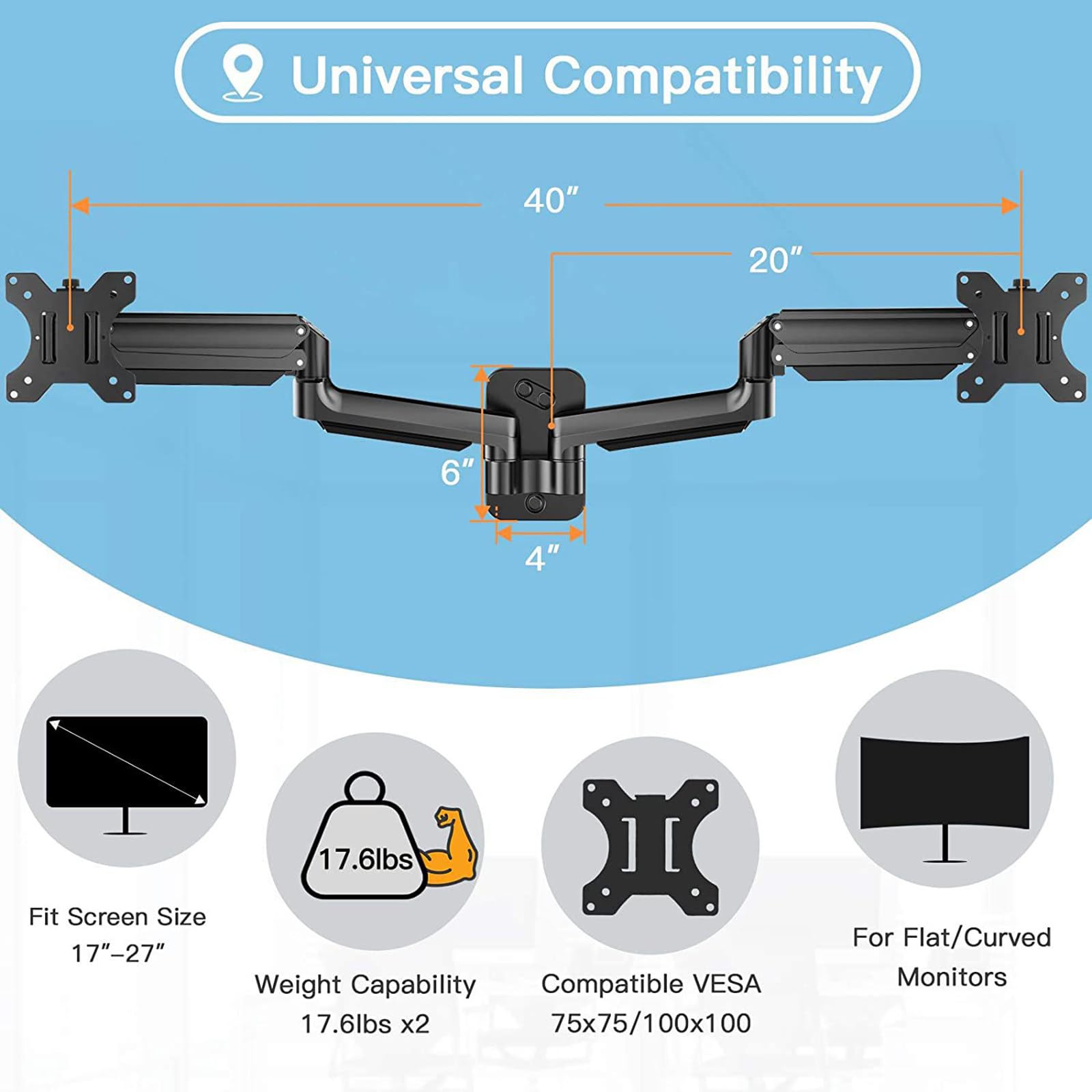 Soporte De Pared Para Dos Monitores, Con Brazos Ajustables, Para Monitores De 17-27″ (Capacidad De Carga De 17,6lb Por Brazo), VESA 75/100mm, Para Oficinas En Casa Y Configuraciones De Juegos