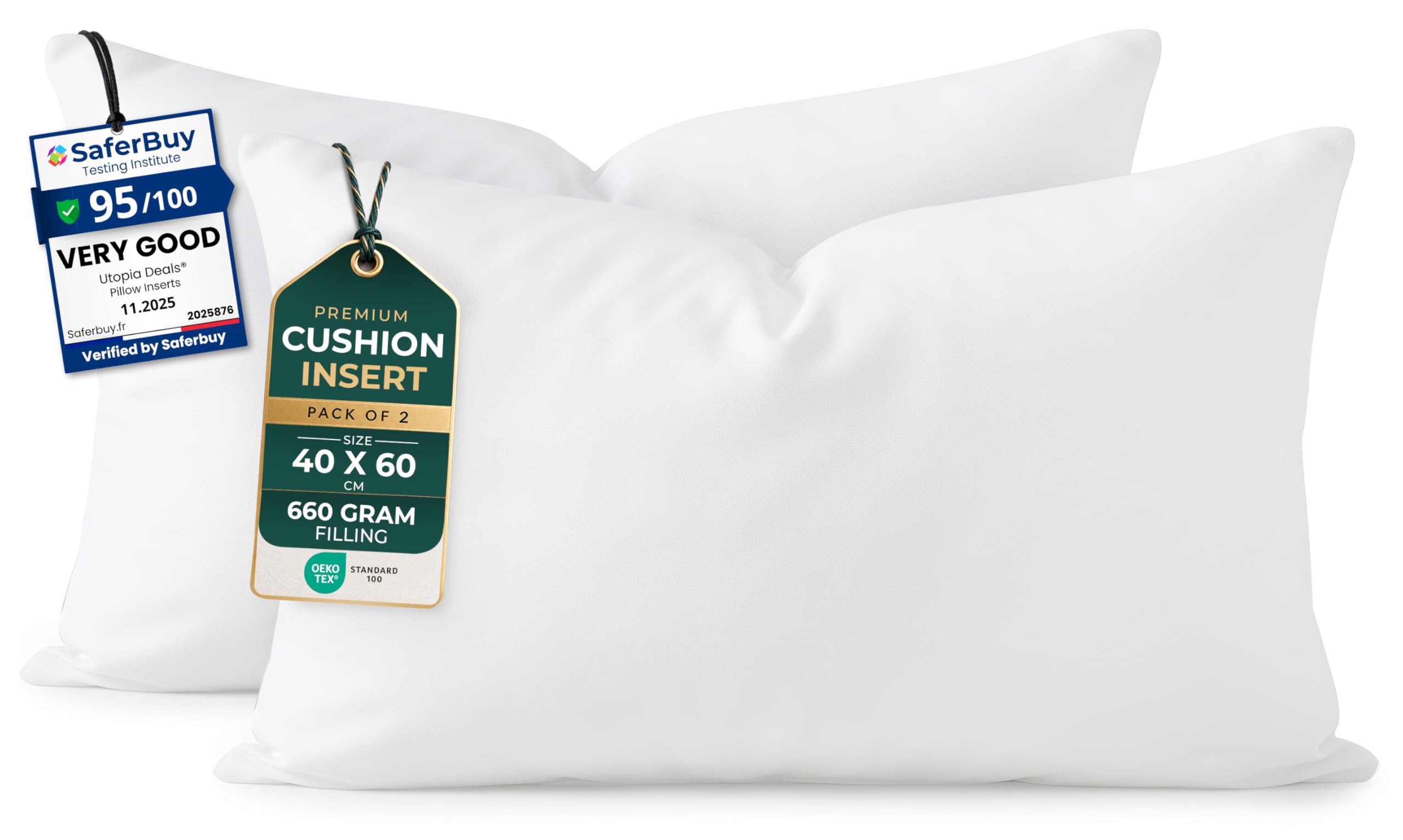 Utopia Bedding Cushion Inserts 40cm x 60cm (16x24 inch) Pack of 2 Hollowfibre Inner Pads for Sofa or Bed – White Cushions Fillers