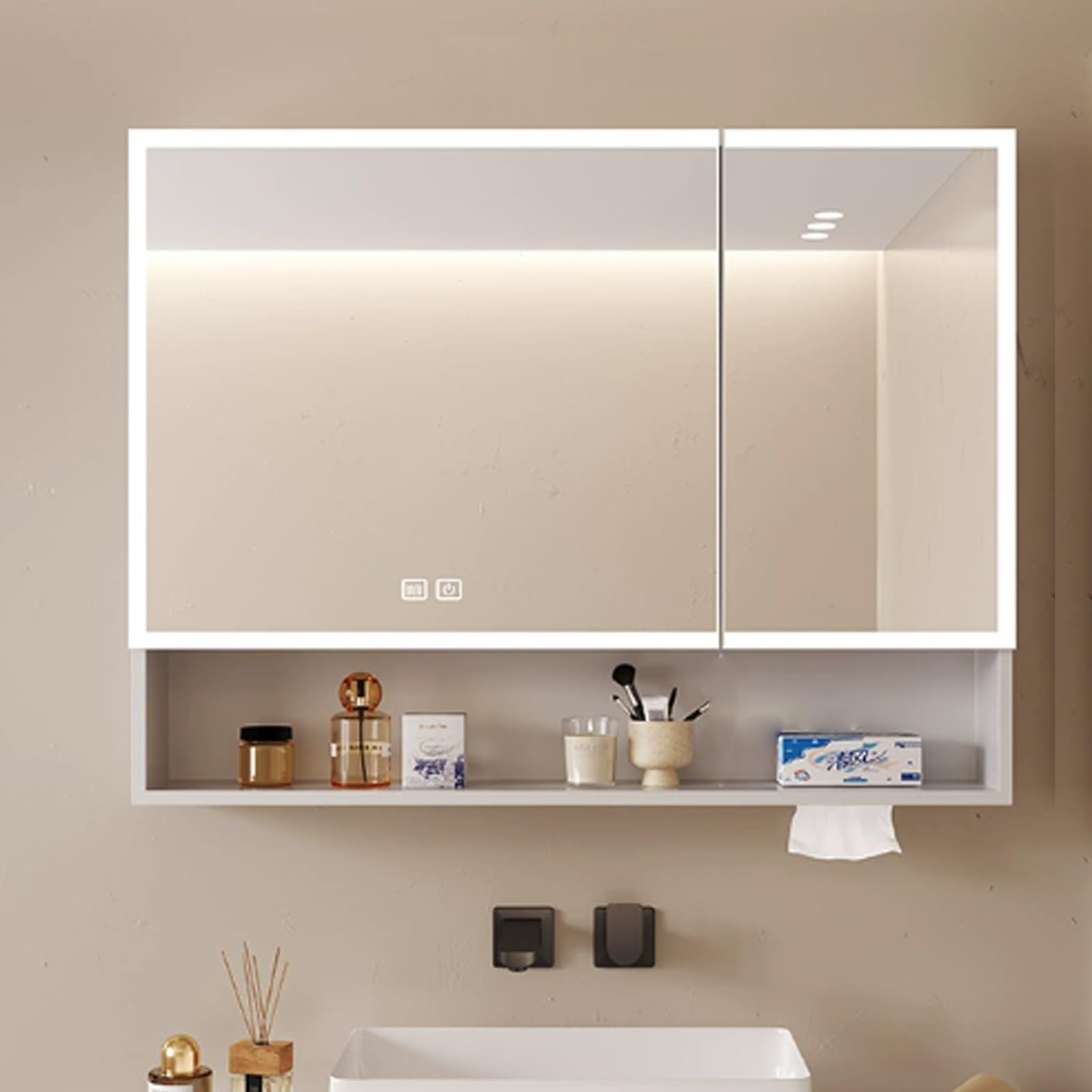 LED Bathroom Mirror Cabinet with Smart Touch, Stepless Dimming Makeup Mirror, Anti-Fog Feature, Built-in Lights, Storage for Essentials, Modern Design, Perfect for Any Bathroom